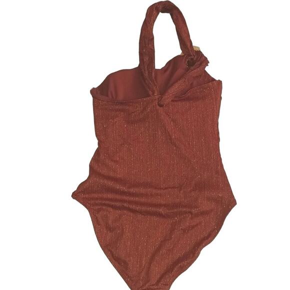 One Shoulder Metallic One Piece Swim Suit Rust Women's Size Large - Picture 2 of 4